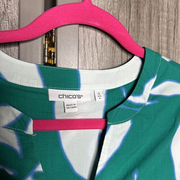 Chico’s Dress Short Layered Puff Sleeves Pockets Green Leaves Poplin Size 4 - Picture 4 of 8